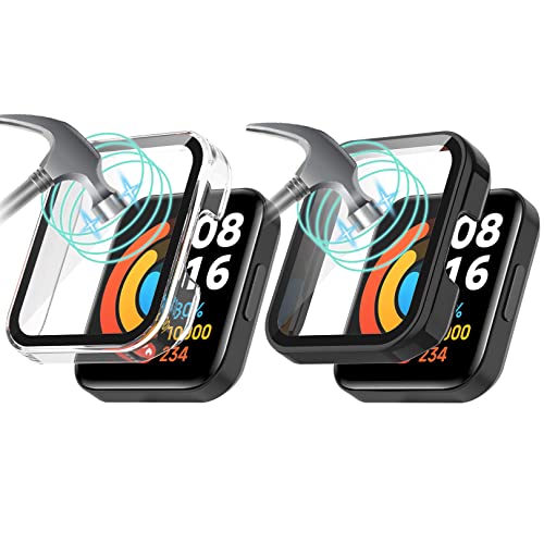 Wizvv Schutzhülle mit Displayschutz aus gehärtetem Glas für Xiaomi Redmi Watch Lite 2 PC, Redmi Watch 2 Lite, Smartwatch-Zubehör, transparent und schwarz, 2 Stück von Wizvv