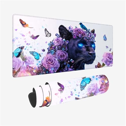 Leopard Mousepad, Blume Mauspad XXL 900x300mm, Schreibtischunterlage mit Vernähte Kanten und Rutschfeste Gummibasis, WassXerdicht Anti-Rutsch Mouse Pad für Gaming, PC Zubehör, Gifts for Women,Model630 von Wjffnzbz