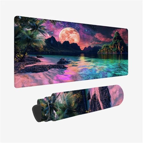 Strand Mousepad, Mond Mauspad XXL 800x400mm, Schreibtischunterlage mit Vernähte Kanten und rutschfeste Gummibasis, WassXerdicht Anti-Rutsch Mouse Pad für Gaming, PC Zubehör, Gifts for Women,Model657 von Wjffnzbz
