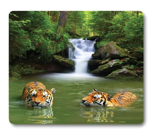 Wknoon Mauspad mit sibirischen Tigern im Wasser, Wasserfall, Pool, Wald, Schwimmen, natürliches Mauspad von Wknoon