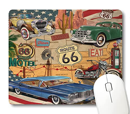 Wknoon Route 66 Mauspad, Old Fashioned Cars Motorrad auf einer Karte Road Trip Journey American USA Concept Mouse Pads von Wknoon