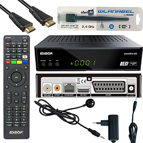 Edision Piccollino S2 Full HD Satelliten-Receiver FTA HDTV DVB-S2 (HDMI, USB 2.0,Scart,Display,CA,LAN) Deutsch vorprammiert inkl.Wlanabel und HDMI Kabel von Wlanabel