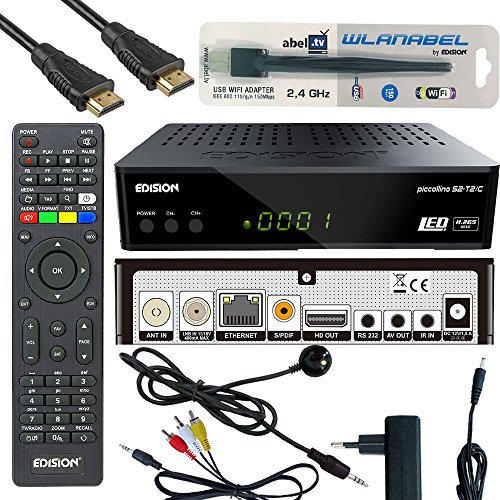 Edison Piccollino S2+T2/C Full HD Satelliten-Kabel-Receiver FTA HDTV DVB-S2/C/T2 (HDMI, AV, USB 2.0,Display,IR-Auge,CA,LAN) Deutsch vorpr.inkl.Wlanabel und HDMI Kabel von Wlanabel