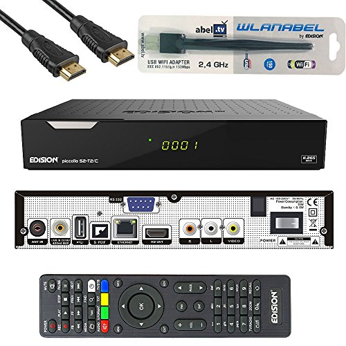 Edison Piccollo S2+T2/C Full HD Satelliten-Kabel-Receiver FTA HDTV DVB-S2/C/T2 (HDMI, AV, USB 2.0,Display,CA,CI,LAN) Deutsch vorprammiert inkl.Wlanabel und HDMI Kabel von Wlanabel