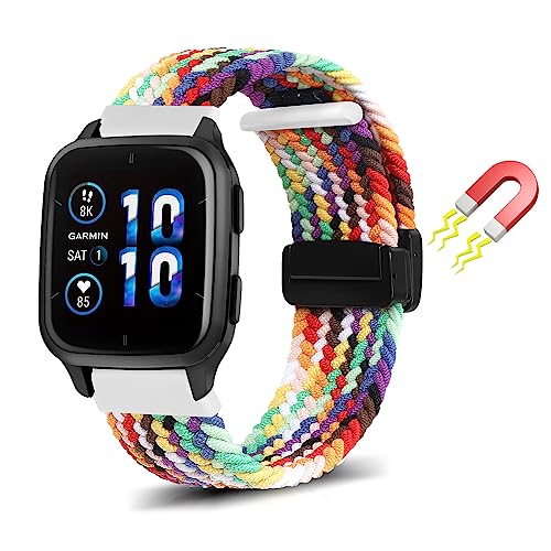 WoPail 20MM Armband Geflochtenes Magnetisch Kompatibel mit Garmin Venu 2 Plus/Venu Sq 2/Sq 2 music/vívomove Trend/vivoactive 3 Ersatzarmband Nylon Armbänder für Forerunner 245/645 Regenbogen von WoPail