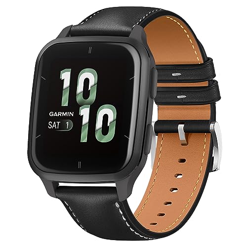 WoPail 20MM Leder Armband Kompatibel mit Garmin Forerunner 165/Forerunner 165 Music/Vivoactive 5/vívomove Trend/Venu Sq 2 Ersatzarmband Schlicht Elegant Armbänder für Garmin Forerunner 165 Schwarz von WoPail