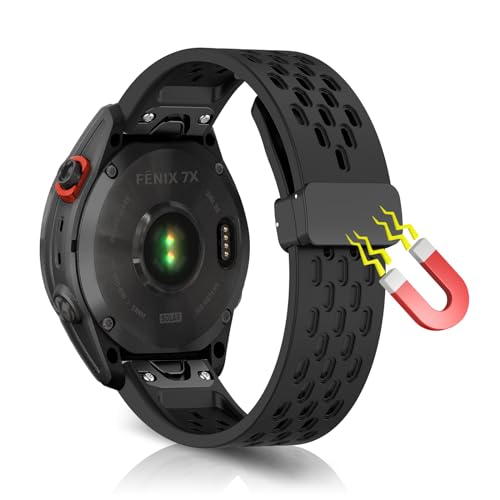 WoPail 26MM QuickFit Silikon Armband für Garmin Fenix 7X Pro/7X Pro Solar/Garmin Fenix 7X/Garmin Fenix 6X Pro/Fenix 6X Magnetisch Sport ErsatzArmband für Garmin Instinct 2X/Garmin Fenix 5X -Schwarz von WoPail