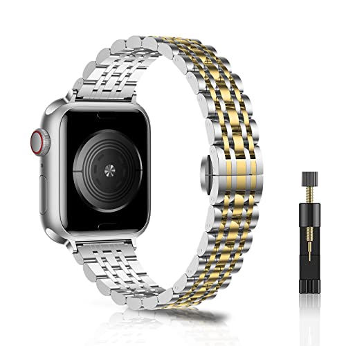 WoPail Armband Damen Kompatibel mit Apple Watch 41mm 40mm 38mm Series 9/8/7/6/5/4/3/2/1, Damen Edelstahl Ersatzarmbänder Prämie Frauen Metall Armbänder für iWatch SE/SE 2 - Silber&Gold von WoPail