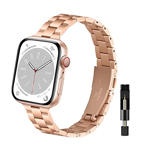 WoPail Armband Damen Kompatibel mit Apple Watch 41mm 40mm 38mm Series 9/8/7/6/5/4/3/2/1, Metall Edelstahl Ersatzarmbänder Prämie Slim Frauen Armbänder für iWatch SE/SE 2 - Roségold von WoPail