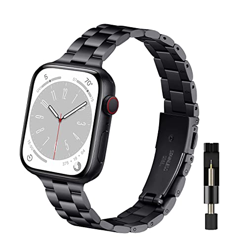 WoPail Armband Damen Kompatibel mit Apple Watch 41mm 40mm 38mm Series 9/8/7/6/5/4/3/2/1, Metall Edelstahl Ersatzarmbänder Prämie Slim Frauen Armbänder für iWatch SE/SE 2 - Schwarz von WoPail