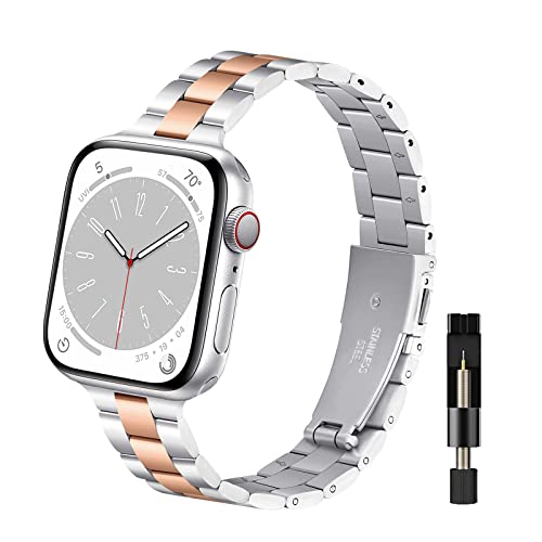 WoPail Armband Damen Kompatibel mit Apple Watch 41mm 40mm 38mm Series 9/8/7/6/5/4/3/2/1, Metall Edelstahl Ersatzarmbänder Prämie Slim Frauen Armbänder für iWatch SE/SE 2 - Silber&Roségold von WoPail