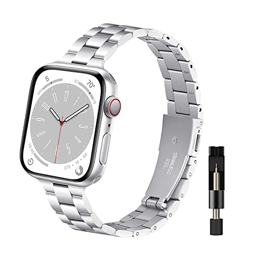 WoPail Armband Damen Kompatibel mit Apple Watch 41mm 40mm 38mm Series 9/8/7/6/5/4/3/2/1, Metall Edelstahl Ersatzarmbänder Prämie Slim Frauen Armbänder für iWatch SE/SE 2 - Silber von WoPail