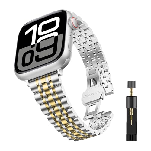 WoPail Armband Damen Kompatibel mit Apple Watch 49mm 45mm 44mm 42mm Series 9/8/7/6/5/4/3/2/1/Ultra 2, Damen Edelstahl Ersatzarmbänder Prämie Frauen Metall Armbänder für iWatch/SE/SE 2 - Silber&Gold von WoPail