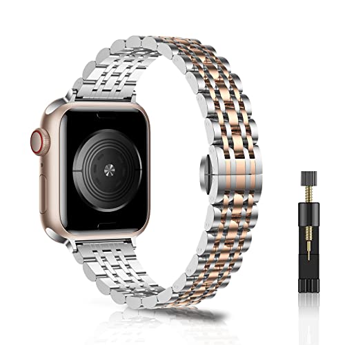 WoPail Armband Damen Kompatibel mit Apple Watch 49mm 45mm 44mm 42mm Series 9/8/7/6/5/4/3/2/1/Ultra 2, Damen Edelstahl Ersatzarmbänder Prämie Frauen Metall Armbänder für iWatch/SE/SE 2-Silber&Roségold von WoPail