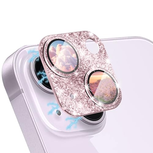 WoPail Glitzer Kameraschutz für iPhone 14/iPhone 14 Plus, Rosa - Glas 9H Härte, Anti-Kratz, Bling Pulver Diamant, 1 Stück von WoPail