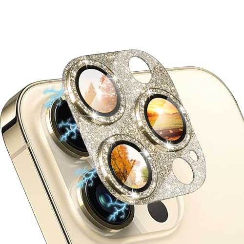 WoPail Glitzer Kameraschutz für iPhone 14 Pro/iPhone 14 Pro Max, Kamera Schutzfolie Glas 9H Härte Anti-Kratz Bling Pulver Diamant Camera Glas für iPhone 14 Pro/iPhone 14 Pro Max - Gold von WoPail