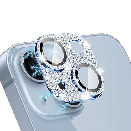 WoPail Glitzer Kameraschutz für iPhone 15/iPhone 15 Plus, Bling Diamant Kamera Cover Aluminiumlegierung Objektivschutz 9H Härte Gehärtetes Glas Kamera Linse Schutzfolie für iPhone 15/15 Plus Blau von WoPail