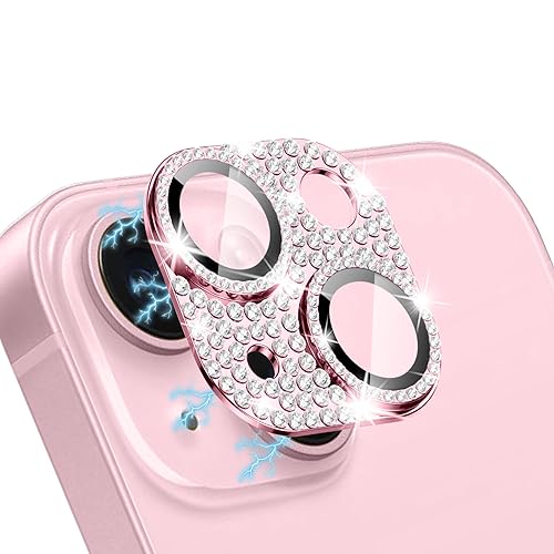 WoPail Glitzer Kameraschutz für iPhone 15/iPhone 15 Plus, Bling Diamant Kamera Cover Aluminiumlegierung Objektivschutz 9H Härte Gehärtetes Glas Kamera Linse Schutzfolie für iPhone 15/15 Plus Rosa von WoPail