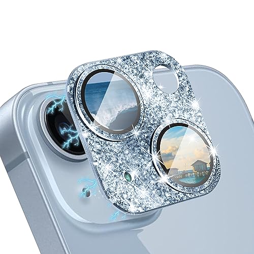 WoPail Glitzer Kameraschutz für iPhone 15/iPhone 15 Plus, Kamera Schutzfolie Glas 9H Härte Anti-Kratz Bling Pulver Diamant Camera Glas für iPhone 15/iPhone 15 Plus - Blau von WoPail