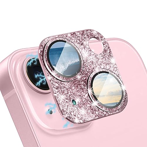 WoPail Glitzer Kameraschutz für iPhone 15/iPhone 15 Plus, Kamera Schutzfolie Glas 9H Härte Anti-Kratz Bling Pulver Diamant Camera Glas für iPhone 15/iPhone 15 Plus - Rosa von WoPail