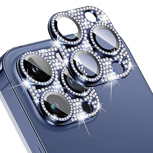 WoPail Glitzer Kameraschutz für iPhone 15 Pro/iPhone 15 Pro Max, Bling Diamant Kamera Cover Aluminiumlegierung Objektivschutz 9H Härte Gehärtetes Glas Kamera Linse Schutzfolie für iPhone 15 Pro Blau von WoPail