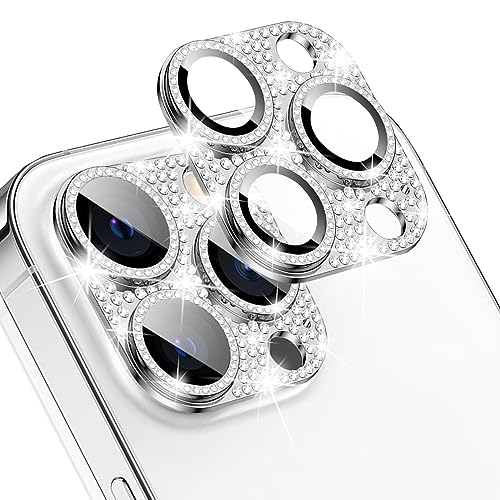 WoPail Glitzer Kameraschutz für iPhone 15 Pro/iPhone 15 Pro Max, Bling Diamant Kamera Cover Aluminiumlegierung Objektivschutz 9H Härte Gehärtetes Glas Kamera Linse Schutzfolie für iPhone 15 Pro Silber von WoPail