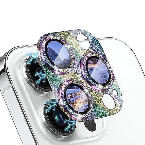 WoPail Glitzer Kameraschutz für iPhone 15 Pro/iPhone 15 Pro Max, Kamera Schutzfolie Glas 9H Härte Anti-Kratz Bling Pulver Diamant Camera Glas für iPhone 15 Pro/iPhone 15 Pro Max - Bunt von WoPail