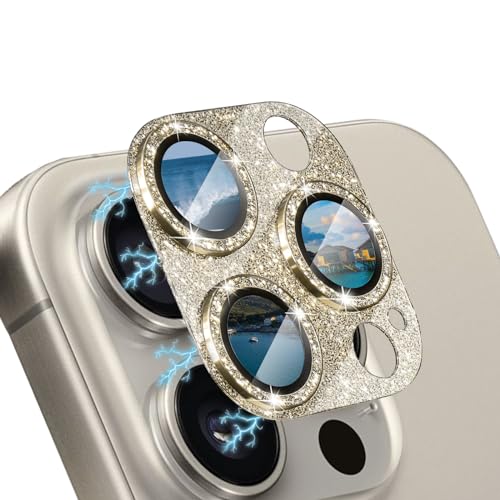 WoPail Glitzer Kameraschutz für iPhone 15 Pro/iPhone 15 Pro Max, Kamera Schutzfolie Glas 9H Härte Anti-Kratz Bling Pulver Diamant Camera Glas für iPhone 15 Pro/iPhone 15 Pro Max - Gold von WoPail