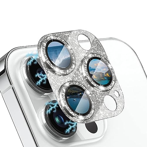 WoPail Glitzer Kameraschutz für iPhone 15 Pro/iPhone 15 Pro Max, Kamera Schutzfolie Glas 9H Härte Anti-Kratz Bling Pulver Diamant Camera Glas für iPhone 15 Pro/iPhone 15 Pro Max - Silber von WoPail