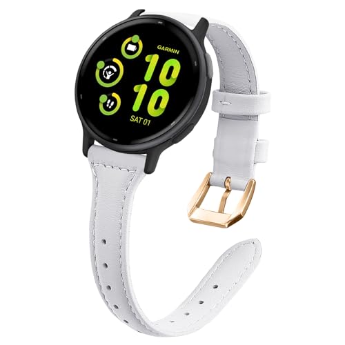 WoPail Leder Armband 20mm für Garmin Vivoactive 5 /vívomove Trend/Venu Sq 2/Venu Sq 2 music/Venu 2 Plus Ersatzarmband Damen Schlank und Leicht Armbänder für Garmin Forerunner 245/645 Weiß von WoPail