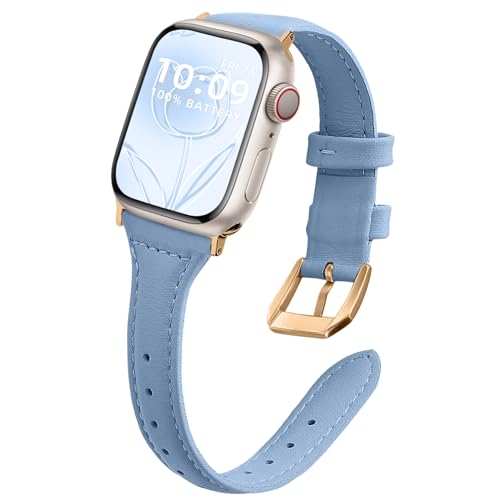 WoPail Leder Armband Damen für Apple Watch 42mm 44mm 45mm 49mm für Apple Watch Series 9/8/7/6/5/4/3/2/1/Ultra 2/Ultra Ersatzarmband Schlank Leicht Armbänder für 42mm 44mm 45mm 49mm Blau von WoPail