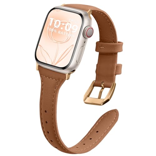 WoPail Leder Armband Damen für Apple Watch 42mm 44mm 45mm 49mm für Apple Watch Series 9/8/7/6/5/4/3/2/1/Ultra 2/Ultra Ersatzarmband Schlank Leicht Armbänder für 42mm 44mm 45mm 49mm Braun von WoPail