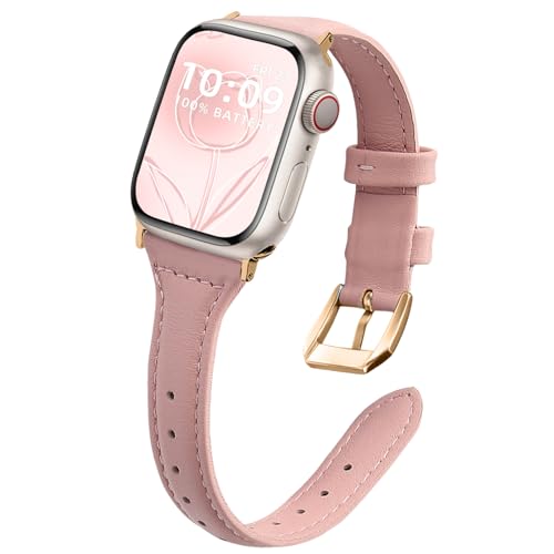 WoPail Leder Armband Damen für Apple Watch 42mm 44mm 45mm 49mm für Apple Watch Series 9/8/7/6/5/4/3/2/1/Ultra 2/Ultra Ersatzarmband Schlank Leicht Armbänder für 42mm 44mm 45mm 49mm Rosa von WoPail