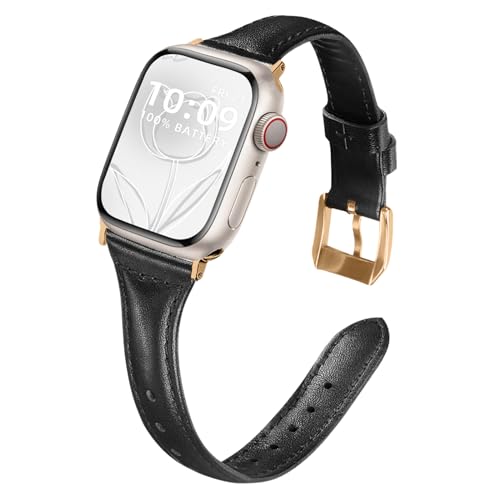 WoPail Leder Armband Damen für Apple Watch 42mm 44mm 45mm 49mm für Apple Watch Series 9/8/7/6/5/4/3/2/1/Ultra 2/Ultra Ersatzarmband Schlank Leicht Armbänder für 42mm 44mm 45mm 49mm Schwarz von WoPail