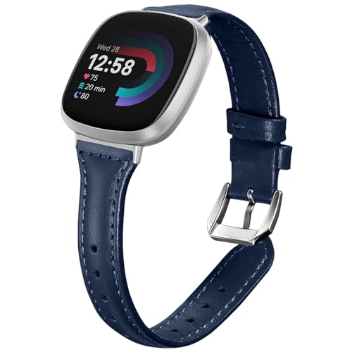 WoPail Leder Armband Kompatibel mit Fitbit Versa 4/Fitbit Versa 3/Fitbit Sense 2/Fitbit Sense Ersatzarmband Damen Schlank und Leicht Armbänder für Fitbit Versa 4/Fitbit Versa 3 Blau von WoPail