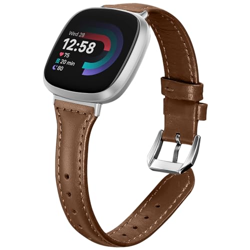 WoPail Leder Armband Kompatibel mit Fitbit Versa 4/Fitbit Versa 3/Fitbit Sense 2/Fitbit Sense Ersatzarmband Damen Schlank und Leicht Armbänder für Fitbit Versa 4/Fitbit Versa 3 Braun von WoPail