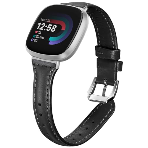 WoPail Leder Armband Kompatibel mit Fitbit Versa 4/Fitbit Versa 3/Fitbit Sense 2/Fitbit Sense Ersatzarmband Damen Schlank und Leicht Armbänder für Fitbit Versa 4/Fitbit Versa 3 Schwarz von WoPail