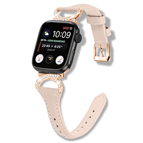 WoPail Lederarmband für Apple Watch Series 9 45mm/Apple Watch Ultra 2 49mm 45mm 44mm 42mm Serie 9/8/7/6/5/4/3/2/1, Damen Weich Schlank Metallschließe Leder Ersatzbänder für iWatch Ultra/SE Aprikose von WoPail