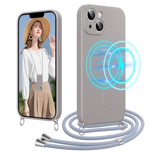 Woijrly Handykette für iPhone 14 Hülle mit Band [Kompatibel mit Magsafe] Silikon Necklace Magnetische Handyhülle zum Umhängen Kordel, Kratzfeste Stossfest Schutzhülle mit Einstellbar Kette,Grau von Woijrly