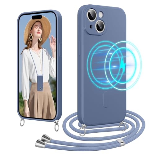 Woijrly Handykette für iPhone 15 Hülle mit Band [Kompatibel mit Magsafe] Silikon Necklace Magnetische Handyhülle zum Umhängen Kordel, Stossfest Schutzhülle mit Einstellbar Kette, Milchasche von Woijrly