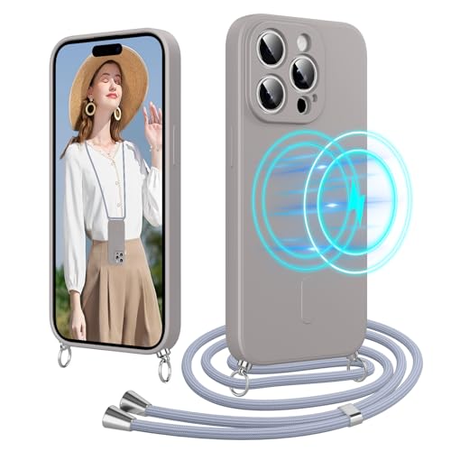 Woijrly Handykette für iPhone 15 Pro Hülle mit Band [Kompatibel mit Magsafe] Silikon Necklace Magnetische Handyhülle zum Umhängen Kordel, Kratzfeste Stossfest Schutzhülle mit Einstellbar Kette,Grau von Woijrly