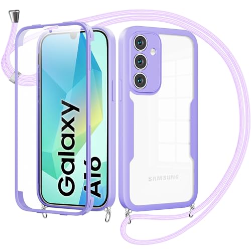 Woijrly Handykette mit Band für Samsung Galaxy A16 5G Hülle - Necklace HandyHülle,Eingebautem Schutzfolie Anti-Kratzer,360 Grad Displayschutz Ganzkörper Robuste Case Transparente für A16 5G-Violett von Woijrly