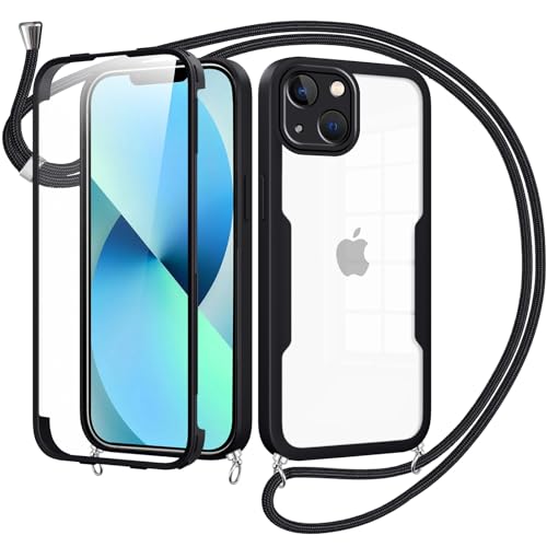 Woijrly Handykette mit Band für iPhone 13 Hülle - Necklace HandyHülle,Eingebautem Schutzfolie Anti-Kratzer,360 Grad Displayschutz Ganzkörper Robuste Case Transparente Stoßfest für iPhone 13-Schwarz Woijrly Handykette mit Band für iPhone 13 Hülle - Necklace HandyHülle,Eingebautem Schutzfolie Anti-Kratzer,360 Grad Displayschutz Ganzkörper Robuste Case Transparente Stoßfest für iPhone 13-Schwarz von Woijrly
