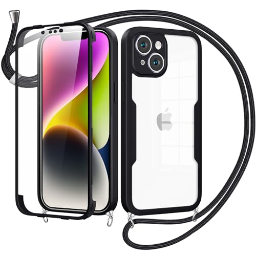Woijrly Handykette mit Band für iPhone 14 Hülle - Necklace HandyHülle,Eingebautem Schutzfolie Anti-Kratzer,360 Grad Displayschutz Ganzkörper Robuste Case Transparente Stoßfest für iPhone 14-Schwarz Woijrly Handykette mit Band für iPhone 14 Hülle - Necklace HandyHülle,Eingebautem Schutzfolie Anti-Kratzer,360 Grad Displayschutz Ganzkörper Robuste Case Transparente Stoßfest für iPhone 14-Schwarz von Woijrly