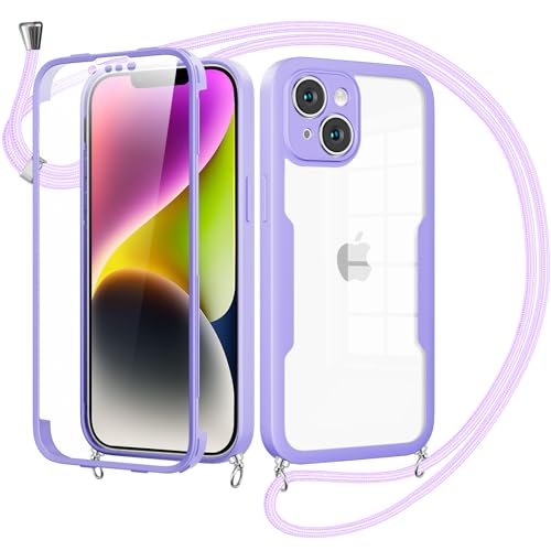 Woijrly Handykette mit Band für iPhone 14 Hülle - Necklace HandyHülle,Eingebautem Schutzfolie Anti-Kratzer,360 Grad Displayschutz Ganzkörper Robuste Case Transparente Stoßfest für iPhone 14-Violett Woijrly Handykette mit Band für iPhone 14 Hülle - Necklace HandyHülle,Eingebautem Schutzfolie Anti-Kratzer,360 Grad Displayschutz Ganzkörper Robuste Case Transparente Stoßfest für iPhone 14-Violett von Woijrly