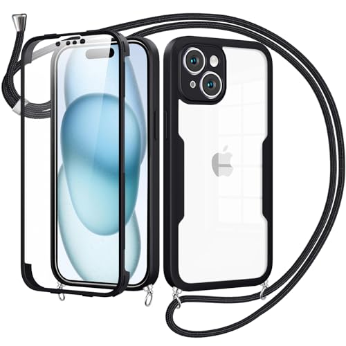 Woijrly Handykette mit Band für iPhone 15 Hülle - Necklace HandyHülle,Eingebautem Schutzfolie Anti-Kratzer,360 Grad Displayschutz Ganzkörper Robuste Case Transparente Stoßfest für iPhone 15-Schwarz Woijrly Handykette mit Band für iPhone 15 Hülle - Necklace HandyHülle,Eingebautem Schutzfolie Anti-Kratzer,360 Grad Displayschutz Ganzkörper Robuste Case Transparente Stoßfest für iPhone 15-Schwarz von Woijrly