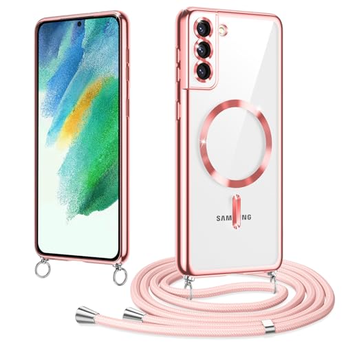 Woijrly Magnetische Handykette mit Band für Samsung Galaxy S21 FE Hülle, [Kompatibel mit Magsafe] Handyhülle Case mit justierbarer Schnur Abnehmbar Strap, Crossbody Schutzhülle zum Umhängen, Rosa von Woijrly
