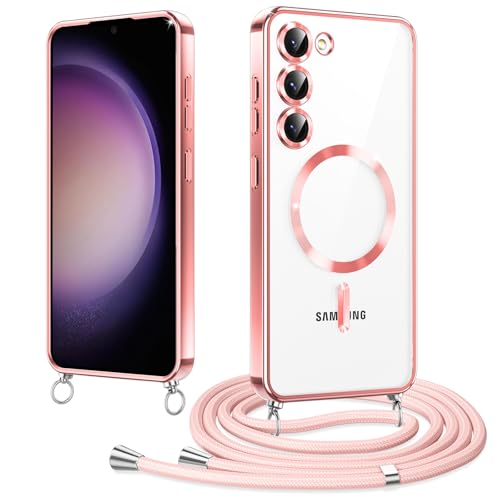 Woijrly Magnetische Handykette mit Band für Samsung Galaxy S23 FE Hülle, [Kompatibel mit Magsafe] Handyhülle Case mit justierbarer Schnur Abnehmbar Strap, Crossbody Schutzhülle zum Umhängen, Rosa von Woijrly