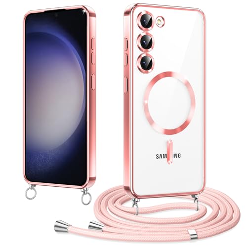 Woijrly Magnetische Handykette mit Band für Samsung Galaxy S23 Plus Hülle, [Kompatibel mit Magsafe] Handyhülle Case mit justierbarer Schnur Abnehmbar, Crossbody Schutzhülle zum Umhängen, Rosa von Woijrly
