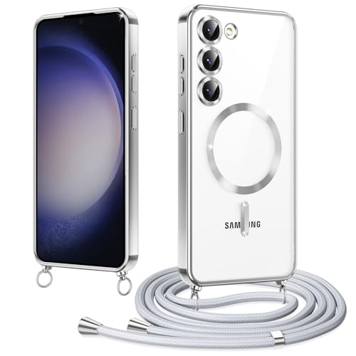 Woijrly Magnetische Handykette mit Band für Samsung Galaxy S23 Plus Hülle, [Kompatibel mit Magsafe] Handyhülle Case mit justierbarer Schnur Abnehmbar Strap, Crossbody Schutzhülle zum Umhängen, Silber von Woijrly